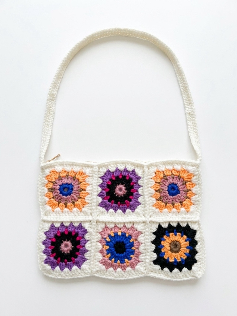 White Crochet Granny Square Shoulder Bag with Multicolor Accents